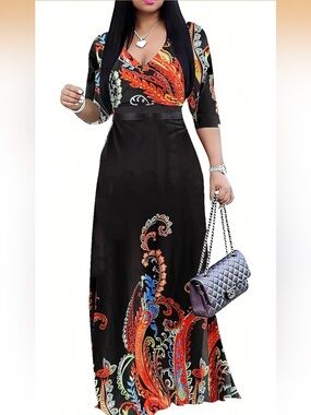 NWT Women’s Black Multi Color Paisley Print Maxi Dress with Pockets Size Small